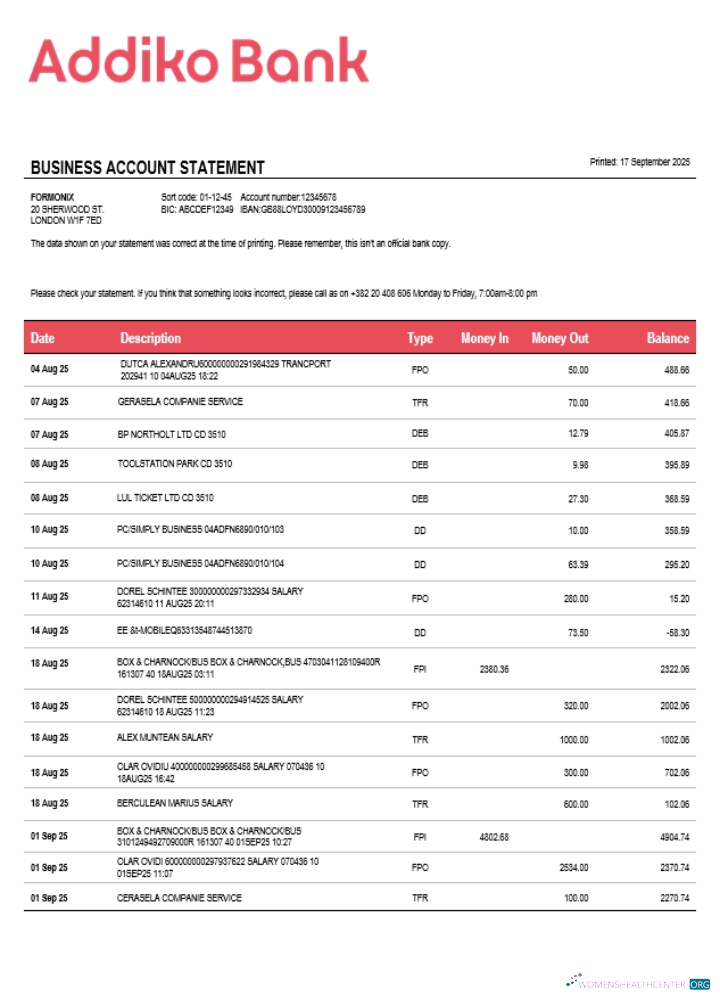 Download Montenegro Addiko enterprise account statement Word and PDF template (1) Photoshop template
